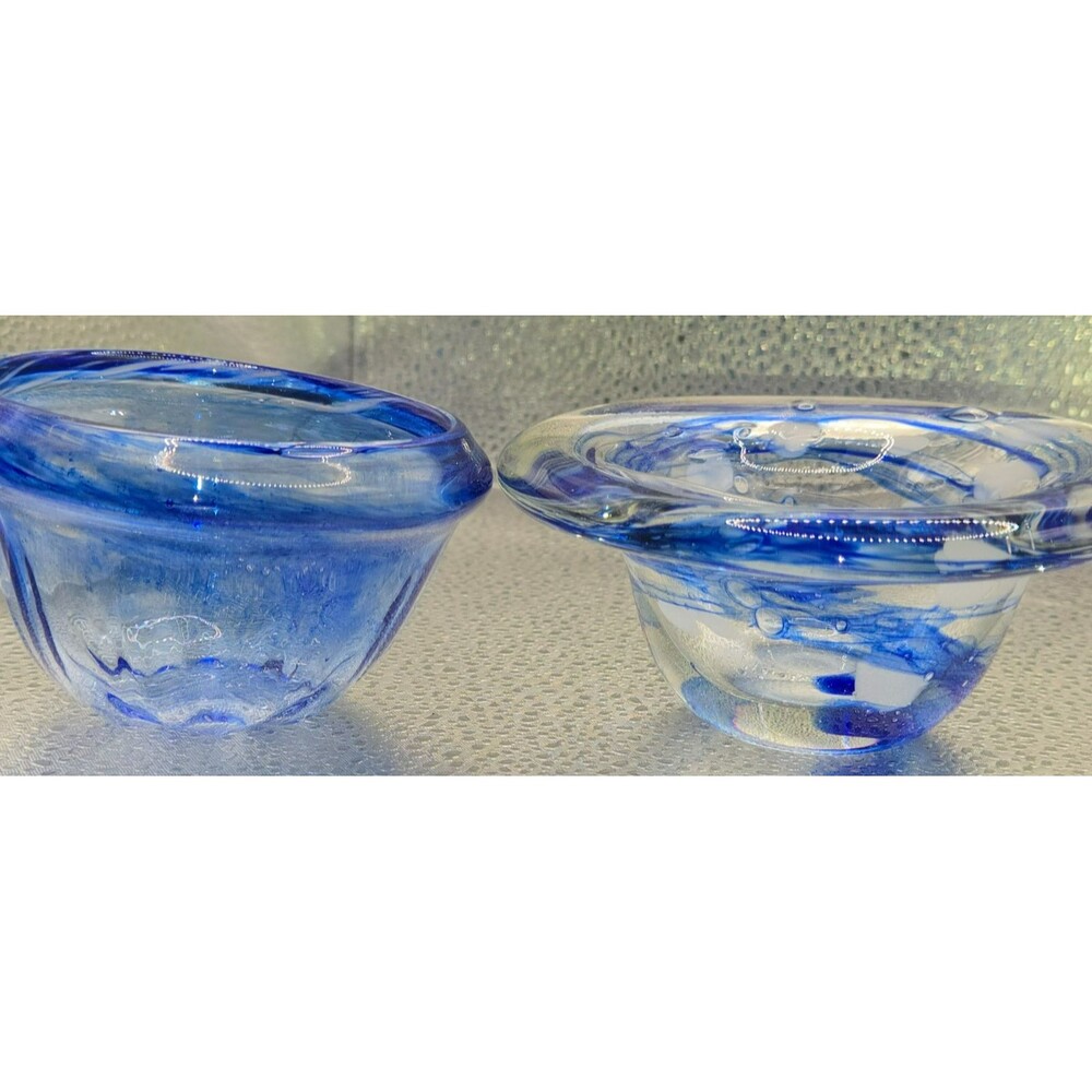 2-Vintage Hand Blown Art Glass Covered Dish,Cobalt Blue Swirl & Controlled Bubbl